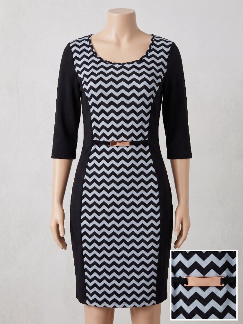 Andrea Missy Size M Chevron Colorblock Slimming Sheath Dress 3/4 Sleeve Gold Bar